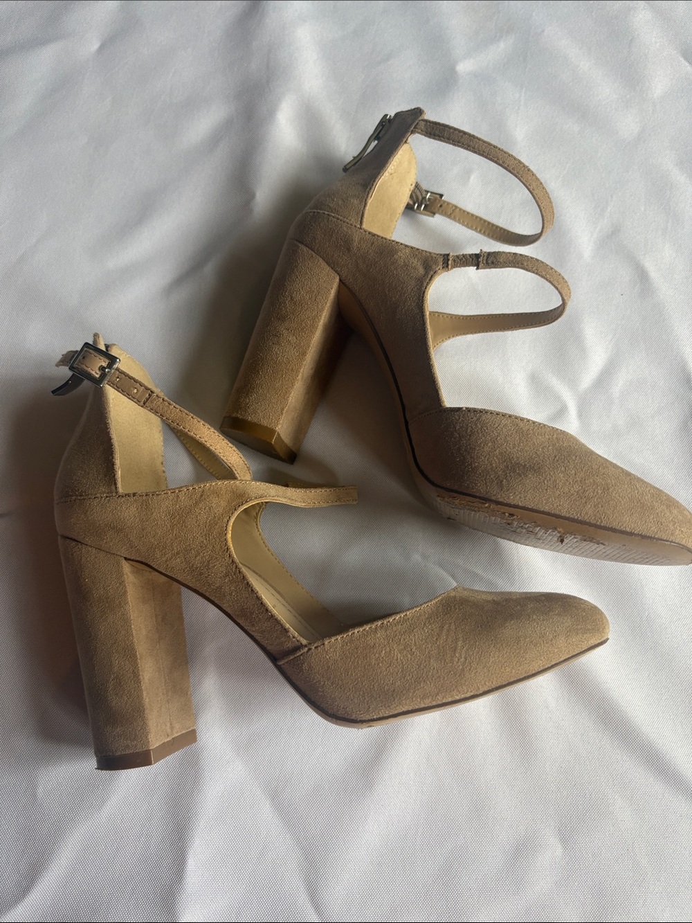 BCBGeneration Tan Suede Double Strap Ankle-Heel Pumps